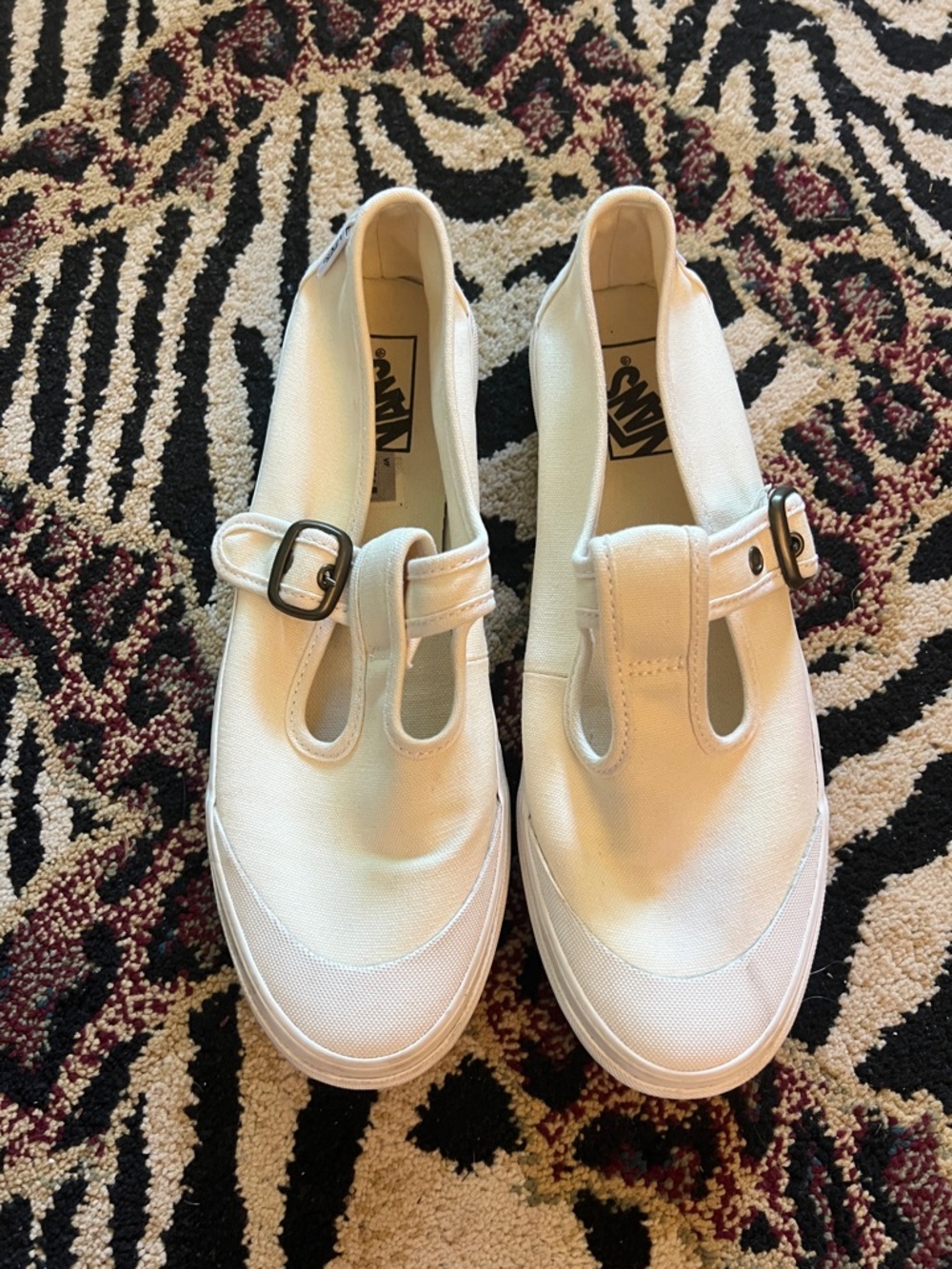 Vans White T-Strap Canvas Slip-Ons with Buckle Mary Jane Shoes.